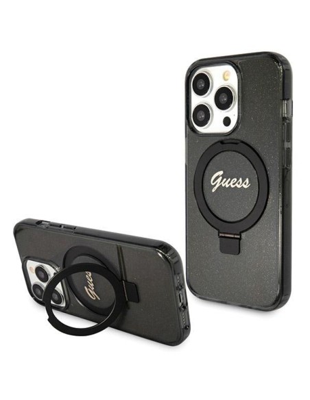 Etui Guess Ring Stand Script Glitter MagSafe na iPhone 13 Pro / 13 - czarne