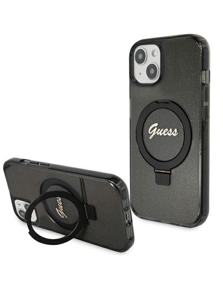 Etui Guess Ring Stand Script Glitter MagSafe na iPhone 13 / 14 / 15 - czarne Etui Guess Ring Stand Script Glitter MagSafe na iPhone 13 / 14 / 15 - czarne
