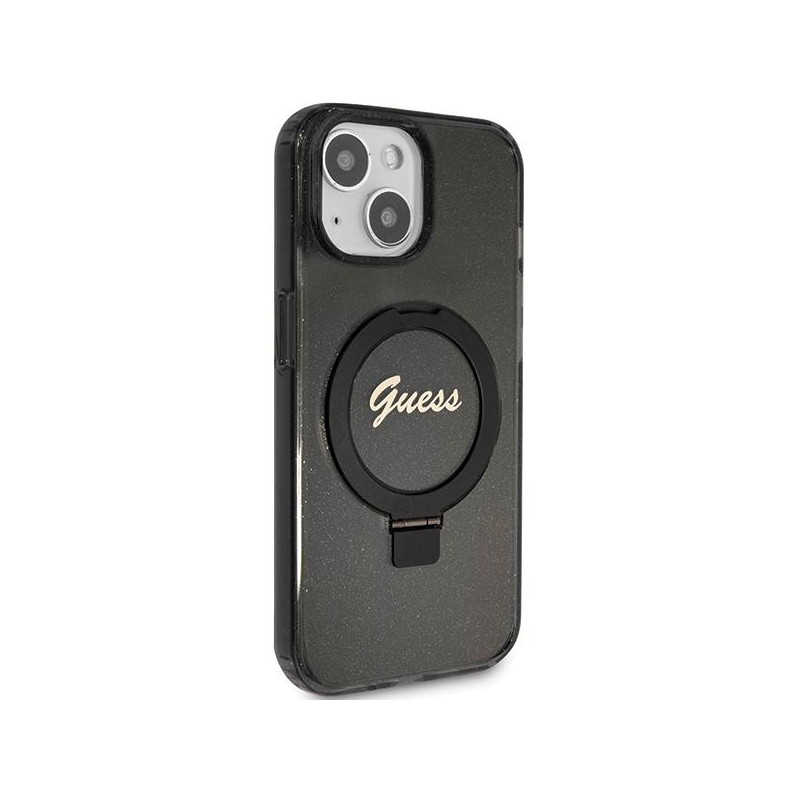 Etui Guess Ring Stand Script Glitter MagSafe na iPhone 13 / 14 / 15 - czarne