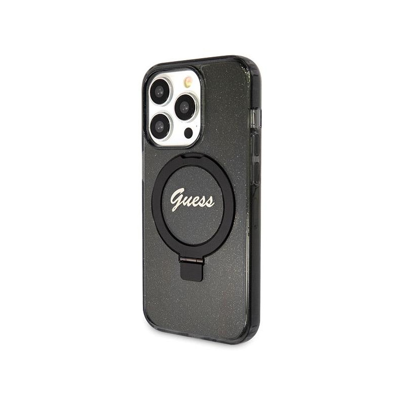 Etui Guess Ring Stand Script Glitter MagSafe na iPhone 14 Pro - czarne