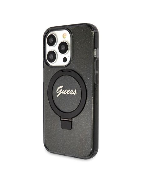 Etui Guess Ring Stand Script Glitter MagSafe na iPhone 14 Pro - czarne Etui Guess Ring Stand Script Glitter MagSafe na iPhone 14 Pro - czarne