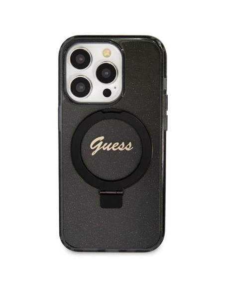 Etui Guess Ring Stand Script Glitter MagSafe na iPhone 14 Pro - czarne Etui Guess Ring Stand Script Glitter MagSafe na iPhone 14 Pro - czarne