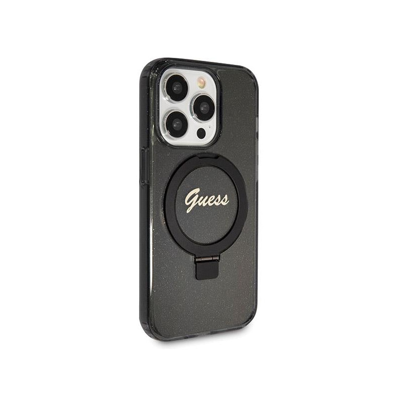 Etui Guess Ring Stand Script Glitter MagSafe na iPhone 14 Pro - czarne