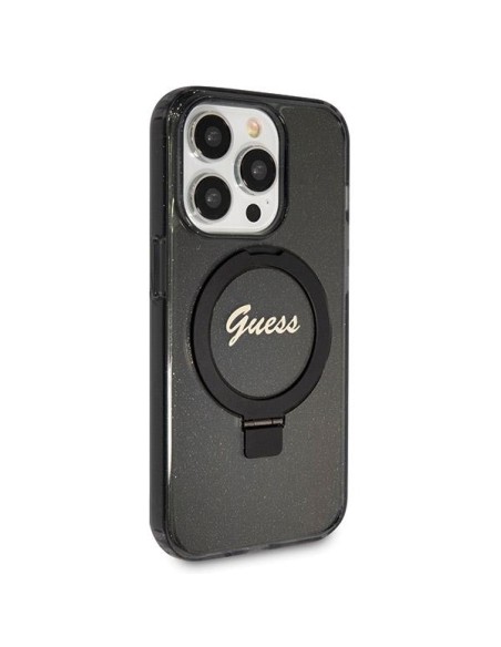 Etui Guess Ring Stand Script Glitter MagSafe na iPhone 14 Pro - czarne Etui Guess Ring Stand Script Glitter MagSafe na iPhone 14 Pro - czarne