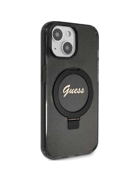 Etui Guess Ring Stand Script Glitter MagSafe na iPhone 14 / 15 / 13 - czarne