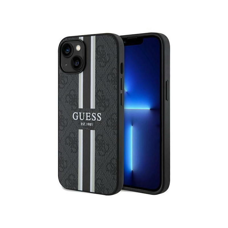 Etui Guess 4G Printed Stripes MagSafe na iPhone 15 / 14 / 13 - czarne