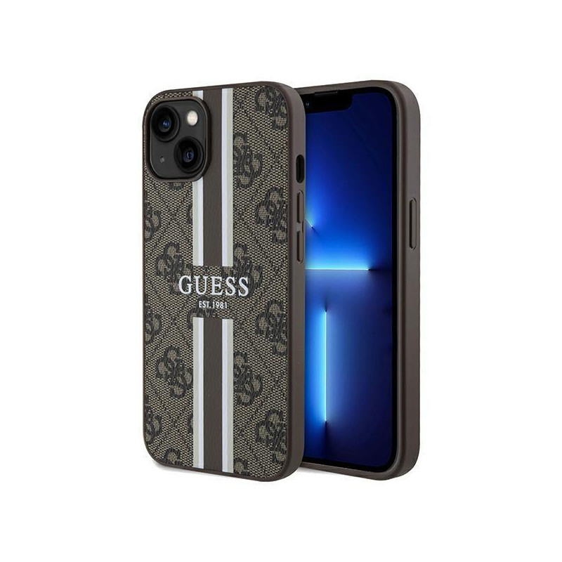 Etui Guess 4G Printed Stripes MagSafe na iPhone 15 / 14 / 13 - brązowe Etui Guess 4G Printed Stripes MagSafe na iPhone 15 / 14 / 13 - brązowe