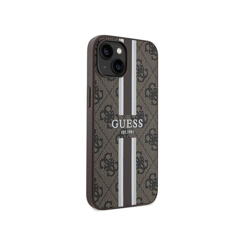 Etui Guess 4G Printed Stripes MagSafe na iPhone 15 / 14 / 13 - brązowe