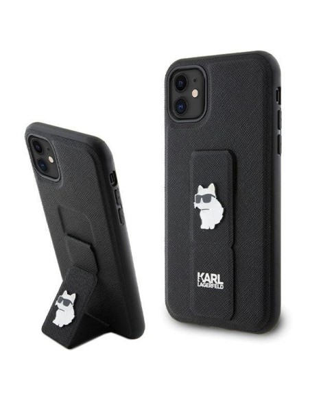 Etui Karl Lagerfeld Gripstand Saffiano Choupette Pins na iPhone 11 / Xr - czarne Etui Karl Lagerfeld Gripstand Saffiano Choupette Pins na iPhone 11 / Xr - czarne