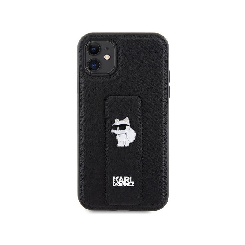Etui Karl Lagerfeld Gripstand Saffiano Choupette Pins na iPhone 11 / Xr - czarne