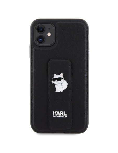 Etui Karl Lagerfeld Gripstand Saffiano Choupette Pins na iPhone 11 / Xr - czarne Etui Karl Lagerfeld Gripstand Saffiano Choupette Pins na iPhone 11 / Xr - czarne