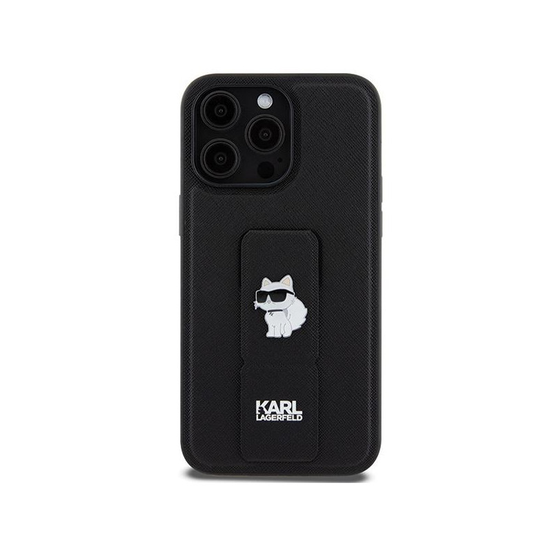 Etui Karl Lagerfeld Gripstand Saffiano Choupette Pins na iPhone 13 Pro / 13 - czarne