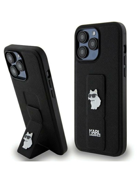 Etui Karl Lagerfeld Gripstand Saffiano Choupette Pins na iPhone 13 Pro Max - czarne
