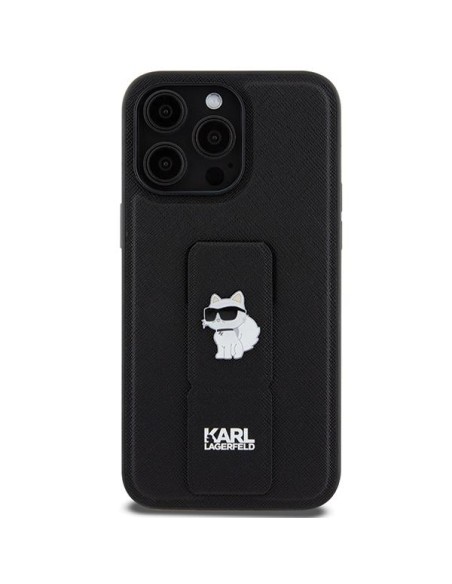 Etui Karl Lagerfeld Gripstand Saffiano Choupette Pins na iPhone 13 Pro Max - czarne