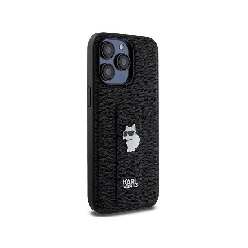 Etui Karl Lagerfeld Gripstand Saffiano Choupette Pins na iPhone 13 Pro Max - czarne