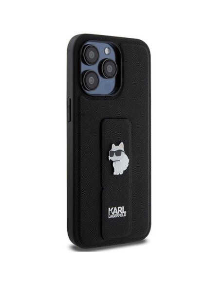 Etui Karl Lagerfeld Gripstand Saffiano Choupette Pins na iPhone 13 Pro Max - czarne