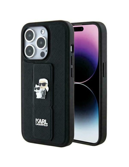 Etui Karl Lagerfeld Gripstand Saffiano Karl&Choupette Pins na iPhone 13 Pro Max - czarne