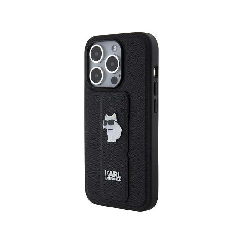 Etui Karl Lagerfeld Gripstand Saffiano Choupette Pins na iPhone 14 Pro - czarne