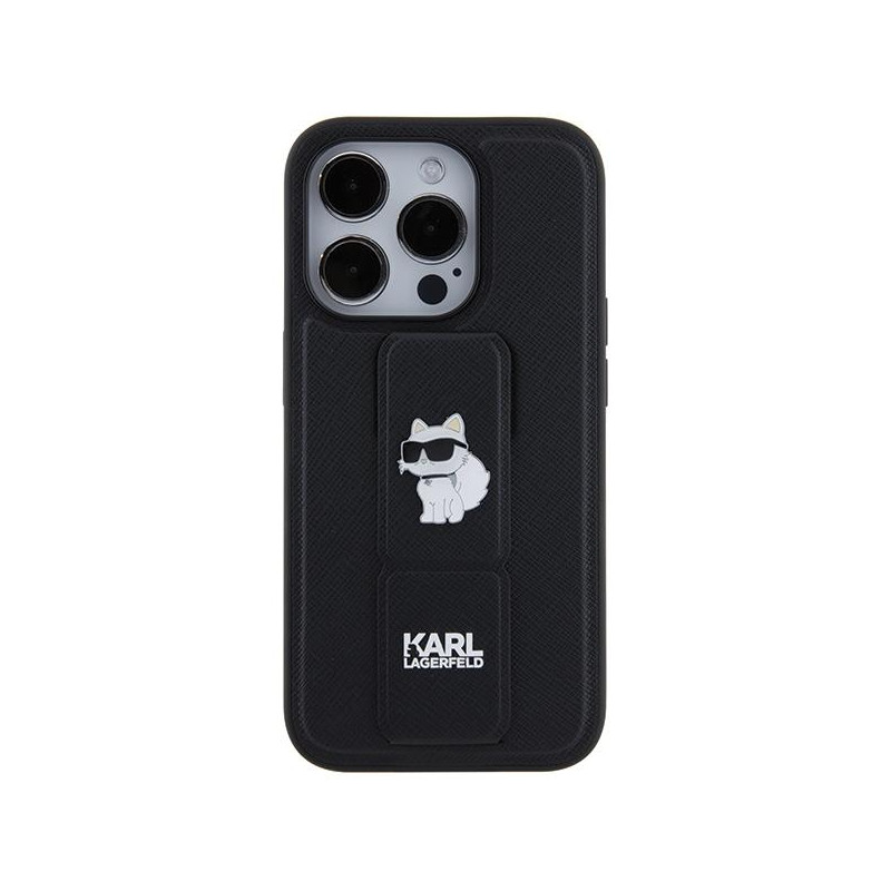 Etui Karl Lagerfeld Gripstand Saffiano Choupette Pins na iPhone 14 Pro - czarne