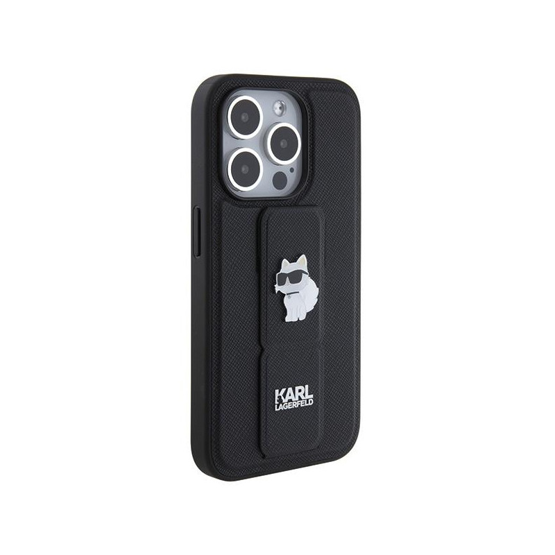 Etui Karl Lagerfeld Gripstand Saffiano Choupette Pins na iPhone 14 Pro - czarne