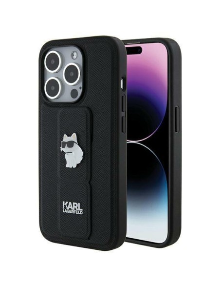 Etui Karl Lagerfeld Gripstand Saffiano Choupette Pins na iPhone 14 Pro Max - czarne