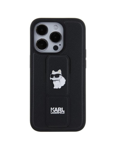 Etui Karl Lagerfeld Gripstand Saffiano Choupette Pins na iPhone 14 Pro Max - czarne