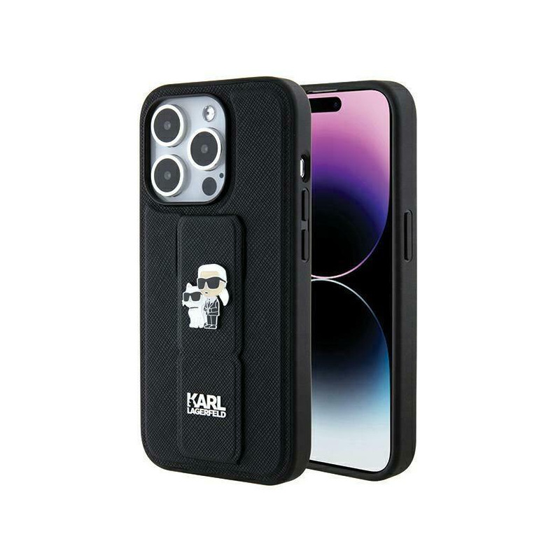 Etui Karl Lagerfeld Gripstand Saffiano Karl&Choupette Pins na iPhone 14 Pro Max - czarne Etui Karl Lagerfeld Gripstand Saffiano Karl&Choupette Pins na iPhone 14 Pro Max - czarne