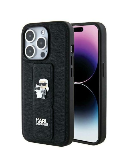 Etui Karl Lagerfeld Gripstand Saffiano Karl&Choupette Pins na iPhone 14 Pro Max - czarne Etui Karl Lagerfeld Gripstand Saffiano Karl&Choupette Pins na iPhone 14 Pro Max - czarne