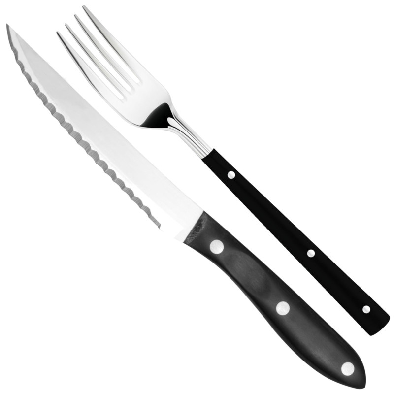 Dantytas nerūdijančio plieno kepsnių peilis, ilgis 120 mm + šakutė SET 2 el. - Hendi 841174