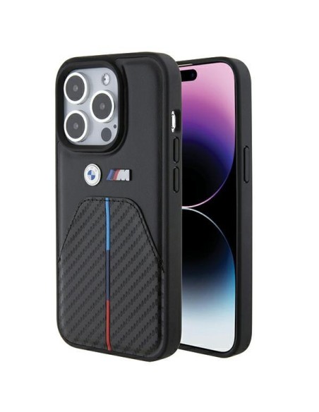 Etui BMW Stamped Tricolor Stripe na iPhone 15 Pro - czarne Etui BMW Stamped Tricolor Stripe na iPhone 15 Pro - czarne