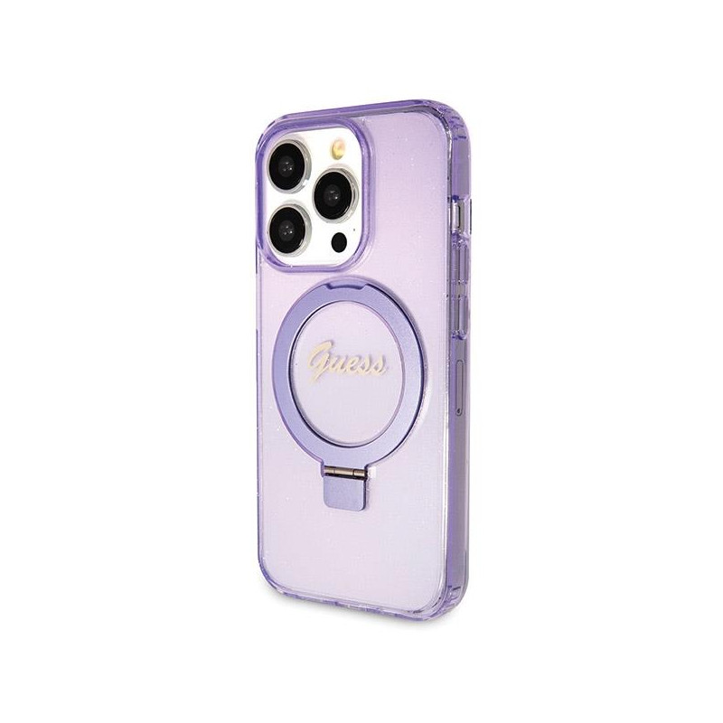 Etui Guess Ring Stand Script Glitter MagSafe na iPhone 13 Pro / 13 - fioletowe