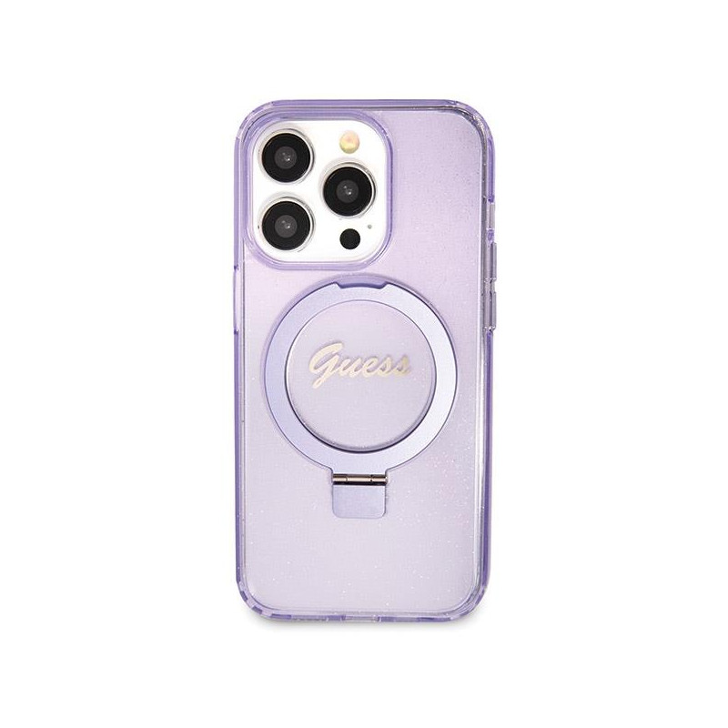 Etui Guess Ring Stand Script Glitter MagSafe na iPhone 13 Pro / 13 - fioletowe