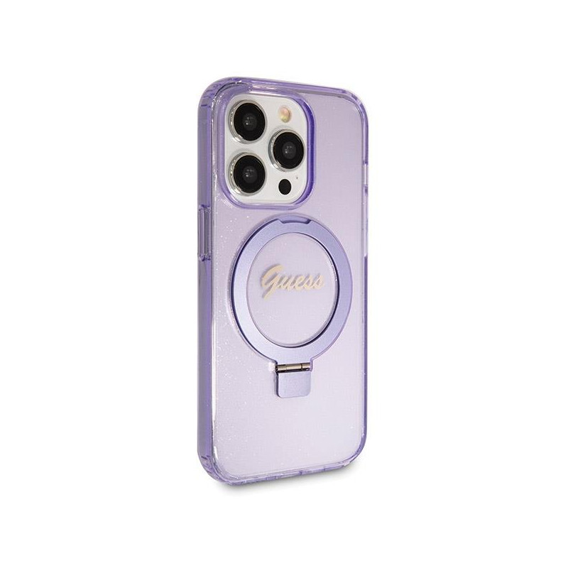 Etui Guess Ring Stand Script Glitter MagSafe na iPhone 13 Pro / 13 - fioletowe