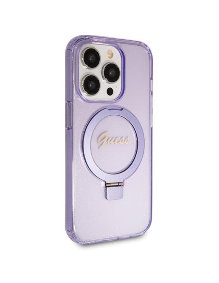 Etui Guess Ring Stand Script Glitter MagSafe na iPhone 13 Pro / 13 - fioletowe Etui Guess Ring Stand Script Glitter MagSafe na iPhone 13 Pro / 13 - fioletowe