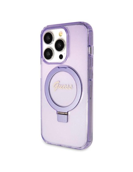 Etui Guess Ring Stand Script Glitter MagSafe na iPhone 14 Pro Max - fioletowe