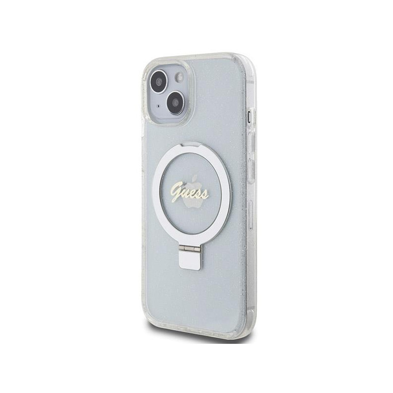 Etui Guess Ring Stand Script Glitter MagSafe na iPhone 15 / 14 / 13 - przezroczyste