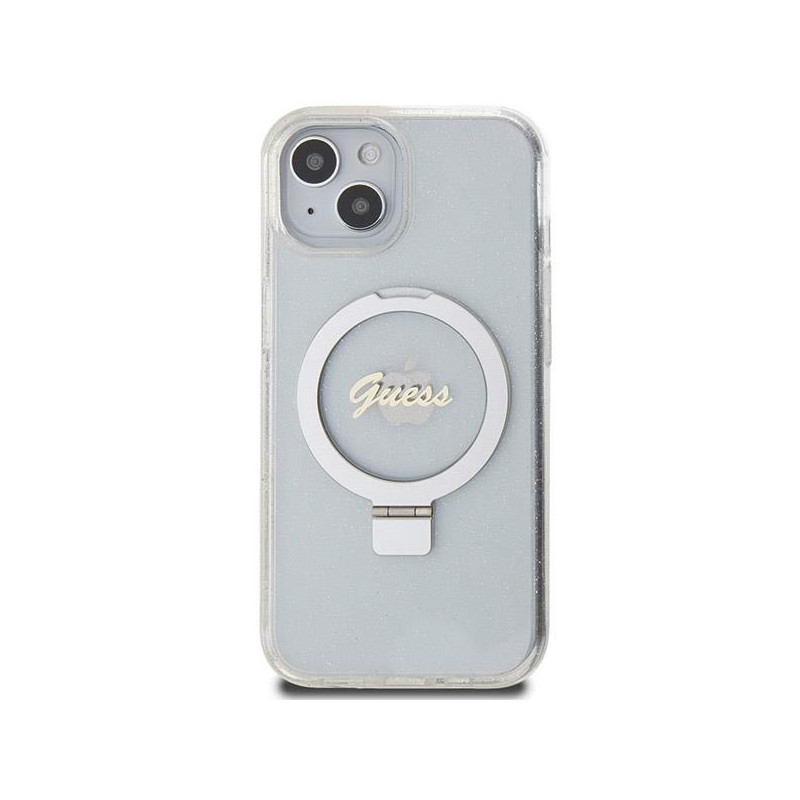 Etui Guess Ring Stand Script Glitter MagSafe na iPhone 15 / 14 / 13 - przezroczyste