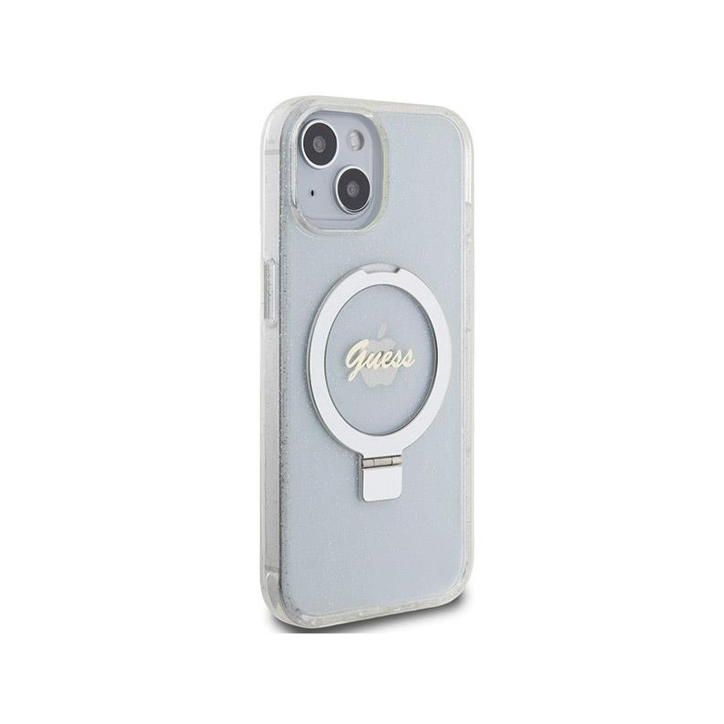 Etui Guess Ring Stand Script Glitter MagSafe na iPhone 15 / 14 / 13 - przezroczyste