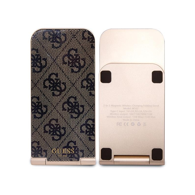 Ładowarka indukcyjna Guess 4G Pattern MagSafe składana 2w1 15W - brązowa
