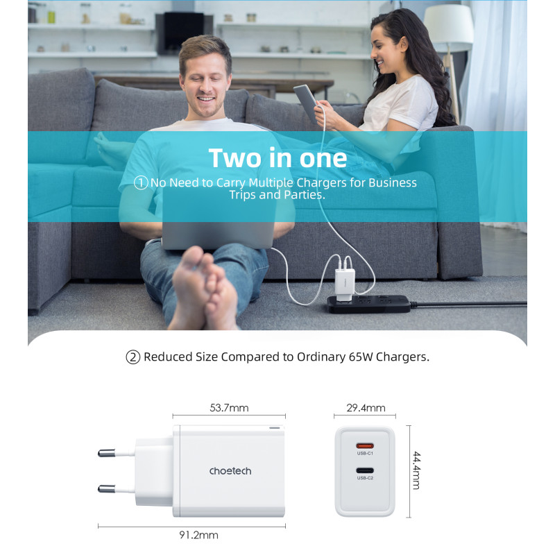 Ładowarka sieciowa Choetech PD6013 2x USB-C PD 65W GaN - biała