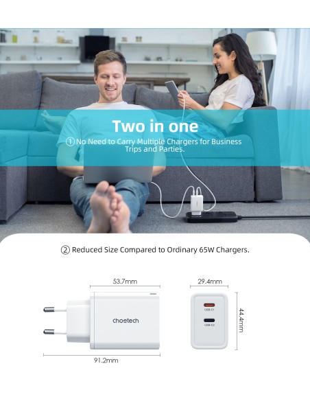 Ładowarka sieciowa Choetech PD6013 2x USB-C PD 65W GaN - biała Ładowarka sieciowa Choetech PD6013 2x USB-C PD 65W GaN - biała