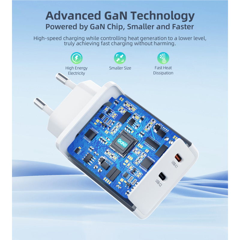 Ładowarka sieciowa Choetech PD6013 2x USB-C PD 65W GaN - biała
