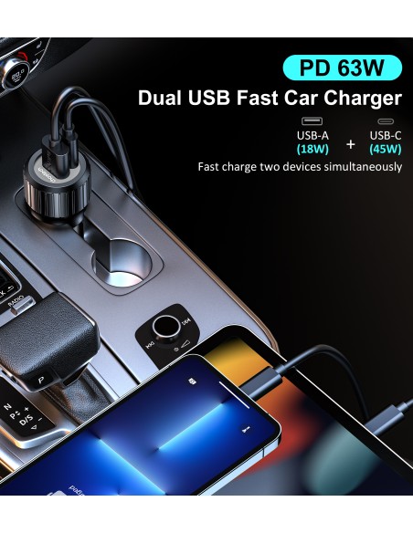 Ładowarka samochodowa Choetech TC0010 USB-C USB-A PD 63W - czarna Ładowarka samochodowa Choetech TC0010 USB-C USB-A PD 63W - czarna