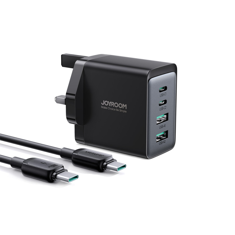 Ładowarka sieciowa Joyroom TCG02 PD USB-C USB-A 67W GaN (UK) + kabel USB-C - czarna Ładowarka sieciowa Joyroom TCG02 PD USB-C USB-A 67W GaN (UK) + kabel USB-C - czarna