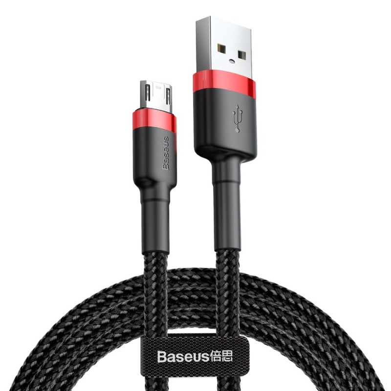 Patvarus nailono kabelis USB microUSB 2A 3M juodos ir raudonos spalvos