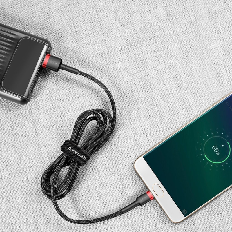 Patvarus nailono kabelis USB microUSB 2A 3M juodos ir raudonos spalvos