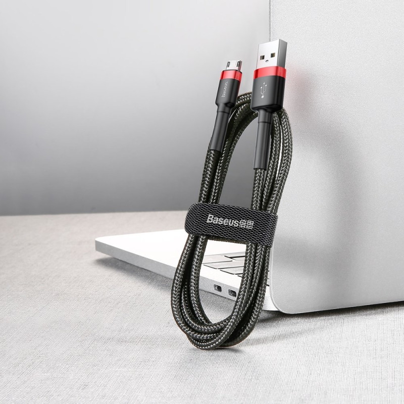 Patvarus nailono kabelis USB microUSB 2A 3M juodos ir raudonos spalvos