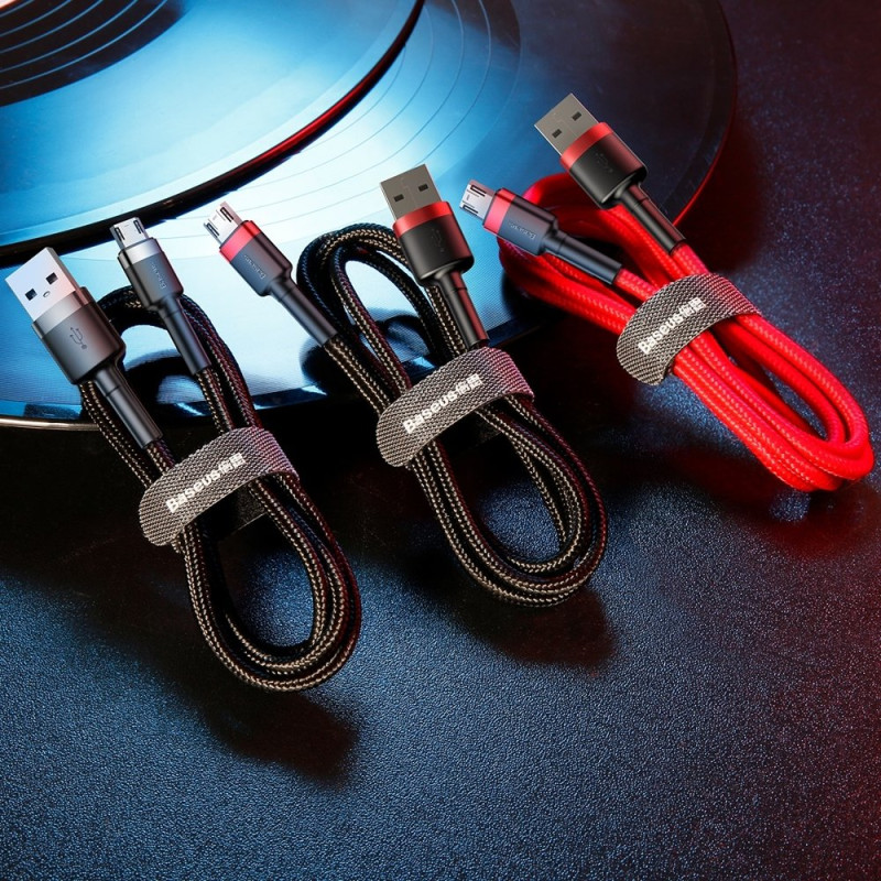 Patvarus nailono kabelis USB microUSB 2A 3M juodos ir raudonos spalvos