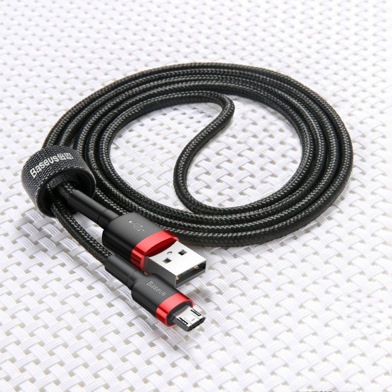 Patvarus nailono kabelis USB microUSB 2A 3M juodos ir raudonos spalvos