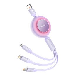 Ištraukiamas kabelis 3in1 USB microUSB + iPhone Lightning + USB-C 66W 1,1m violetinė